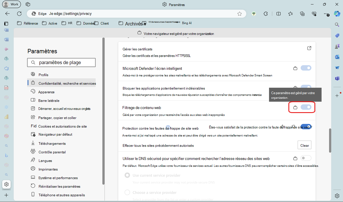Vérifiez le filtrage du contenu web dans les paramètres Edge.