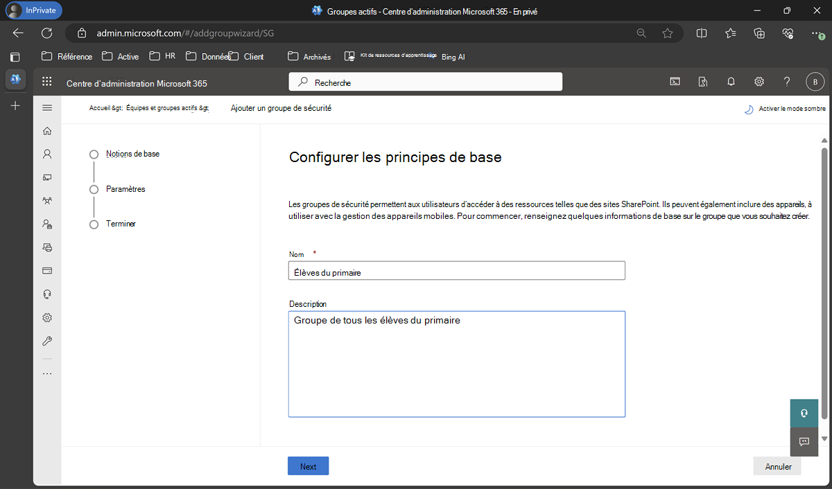 Indiquez le nom et la description dans Configurer les principes de base.