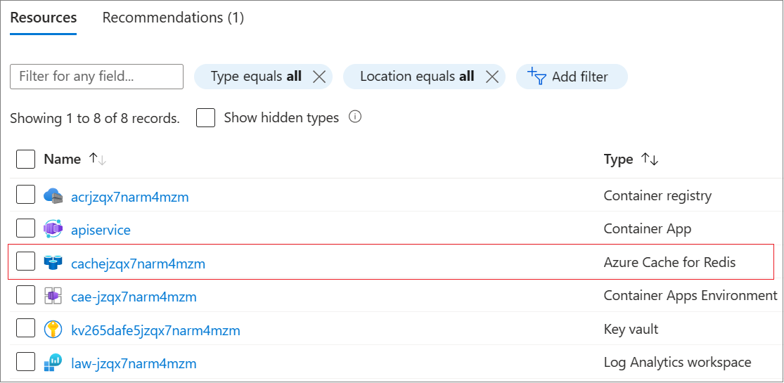 montrant le AzureAzure Cache for Redisdéployé.