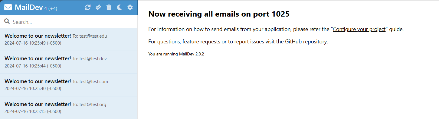 MailDev boîte de réception avec plusieurs e-mails.