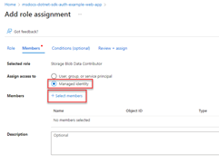 Capture d’écran montrant comment sélectionner l’identité managée comme type d’utilisateur que vous souhaitez attribuer le rôle (autorisation) sur la page Ajouter des attributions de rôle.