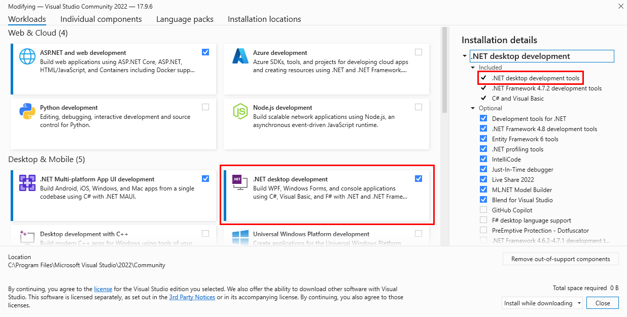 Capture d’écran présentant Visual Studio Installer avec la charge de travail .NET Desktop mise en évidence dans un cadre rouge.