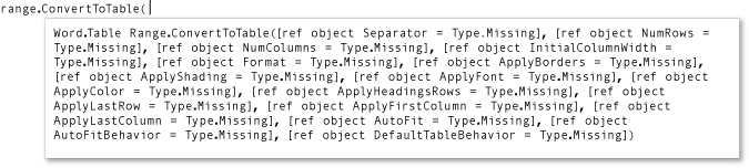 Liste de paramètres pour la méthode ConvertToTable