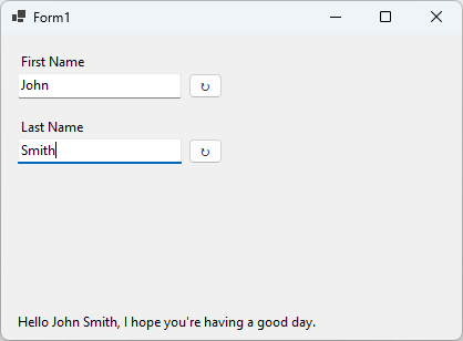 Application Windows Forms avec deux zones de texte créées à partir de contrôles utilisateur et a label.