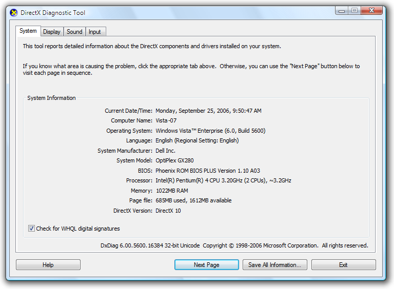 Capture d’écran : Outil de diagnostic DirectX