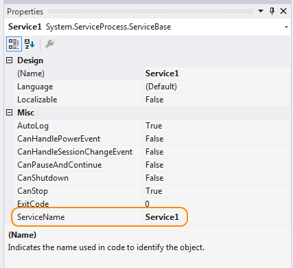 Définissez la propriété ServiceName.