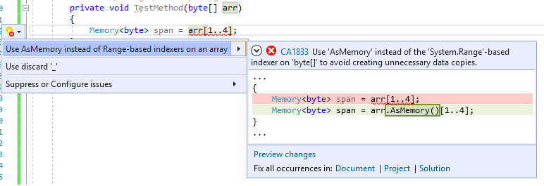 Correctif de code pour CA1833 : Utilisez AsSpan ou AsMemory plutôt que des indexeurs basés sur une plage pour obtenir la partie Span ou Memory d’un tableau