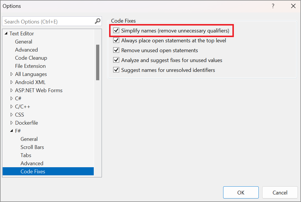 Interface utilisateur des options d’outils dans Visual Studio affichant les options de l’éditeur de texte F#.