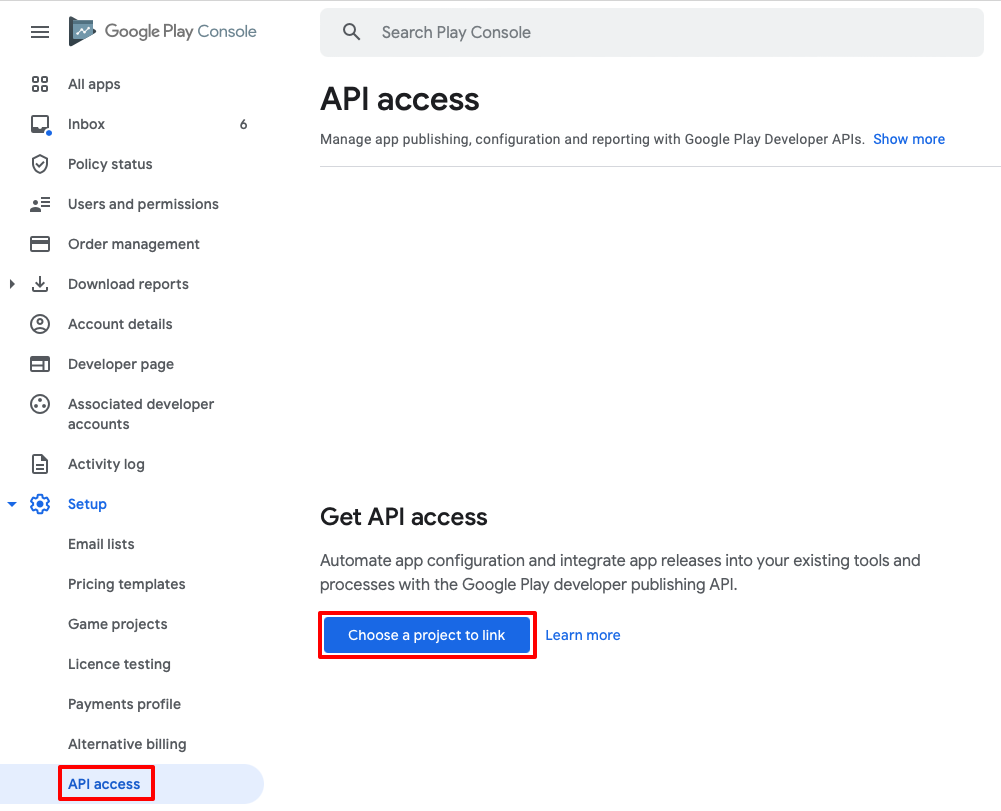 Capture d’écran de la page d’accès aux API dans la console Google Play.