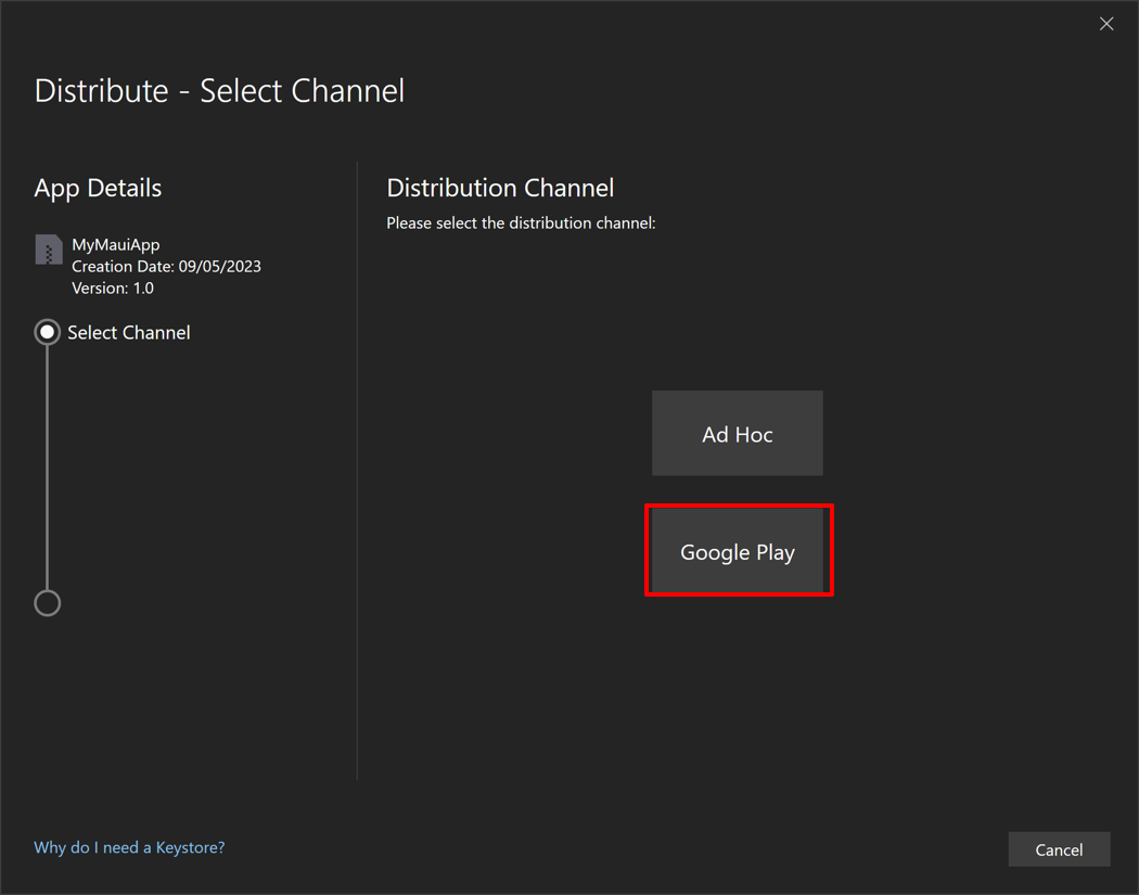 Capture d’écran de la sélection d’un canal de distribution Google Play dans la boîte de dialogue de distribution.