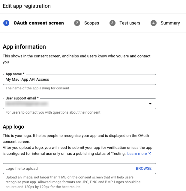 Capture d’écran de modification des données d’inscription de l’application de consentement OAuth.