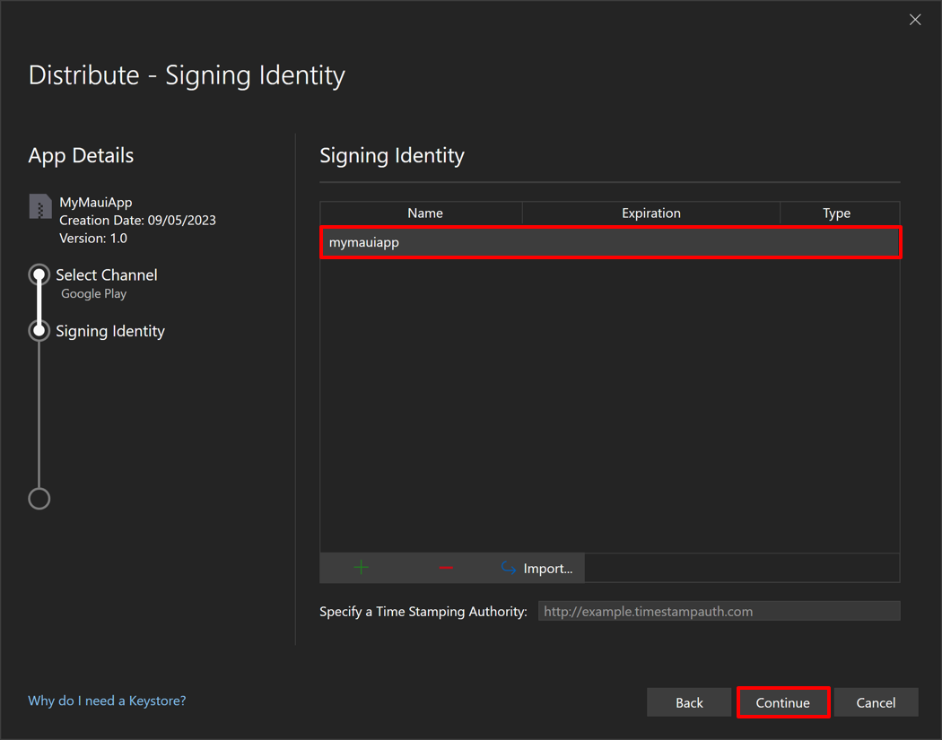 Capture d’écran de la sélection de votre identité de signature nouvellement créée.