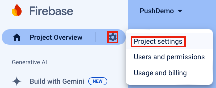 Capture d’écran de la sélection des paramètres du projet dans la console Firebase Cloud Messaging.