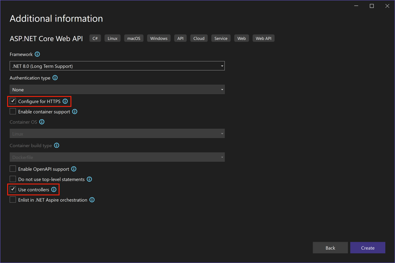 Capture d’écran de la configuration du projet d’API web core ASP.NET dans Visual Studio.