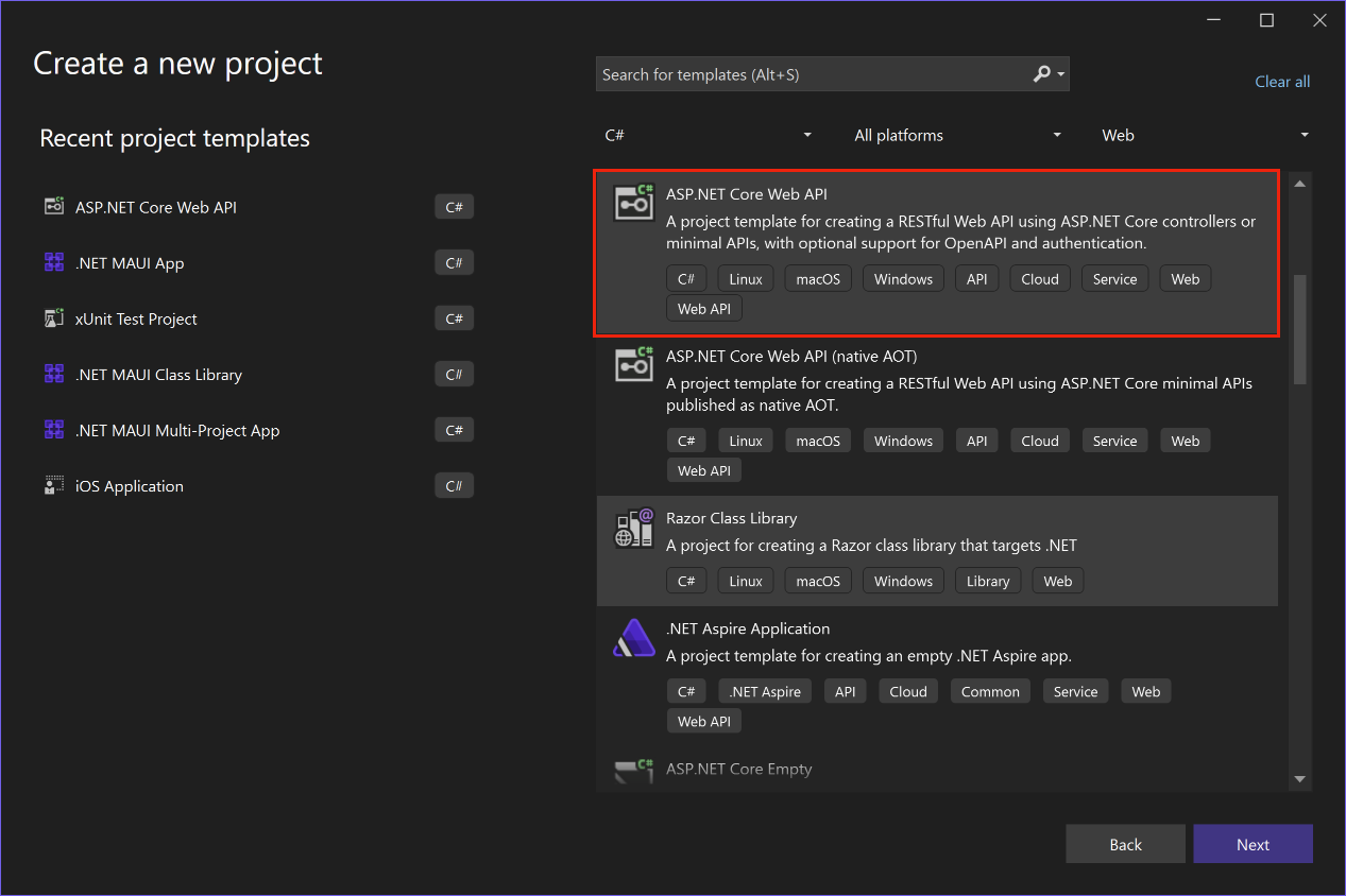 Capture d’écran de la création d’un projet d’API web core ASP.NET dans Visual Studio.