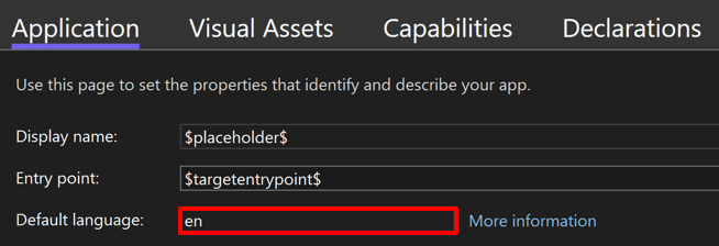 Capture d’écran de la définition de la langue par défaut d’une application Windows dans le manifeste du package.