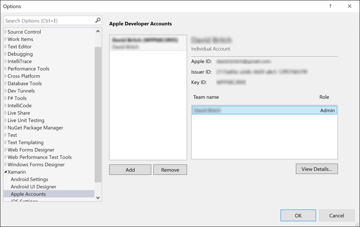 Compte Apple Developer ajouté à Visual Studio.