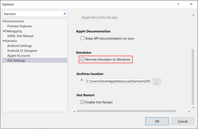 case à cocher dans Visual Studio pour activer le simulateur iOS distant.