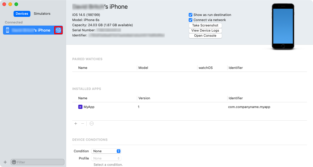 Capture d’écran de la fenêtre Devices and Simulators affichant un appareil iOS associé