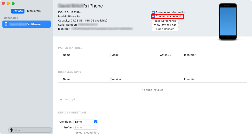 Capture d’écran de la fenêtre Devices and Simulators affichant l’option Connect via l’option de réseau