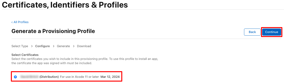 Sélectionnez votre certificat de distribution.