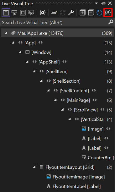 Capture d’écran de tous les éléments de l’interface utilisateur dans la fenêtre de l’arborescence d’éléments visuels en direct.