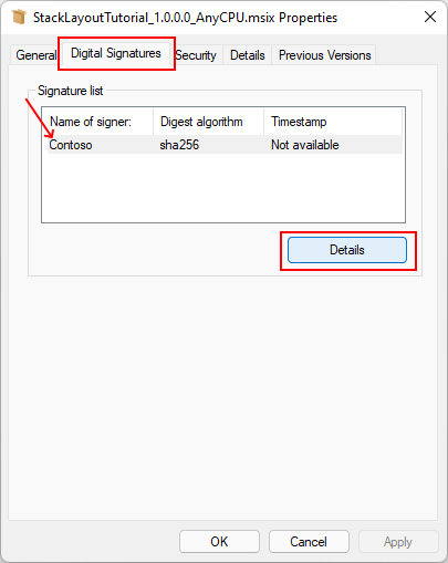 Properties pane of an MSIX file with the digital signatures tab selected.