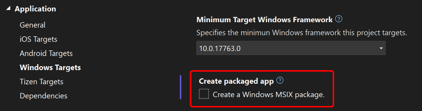 Capture d’écran de la case à cocher Créer un package WINDOWS MSIX décoché dans Visual Studio.