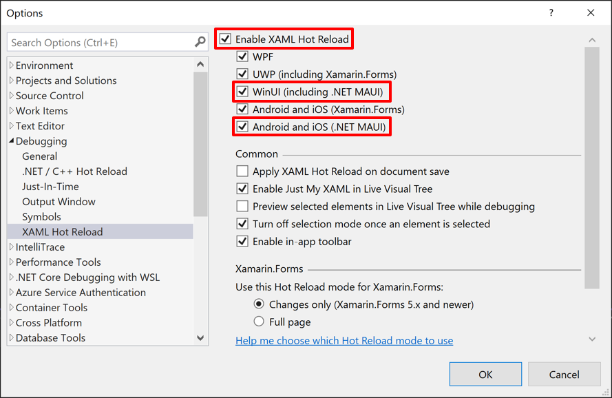 Options du Rechargement à chaud XAML pour .NET MAUI dans Visual Studio.