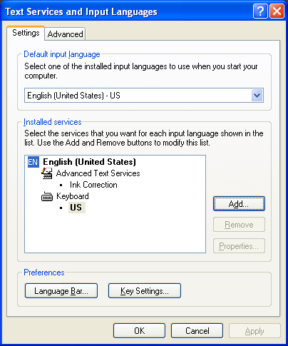 Boîte de dialogue Services de texte et langues d’entrée.