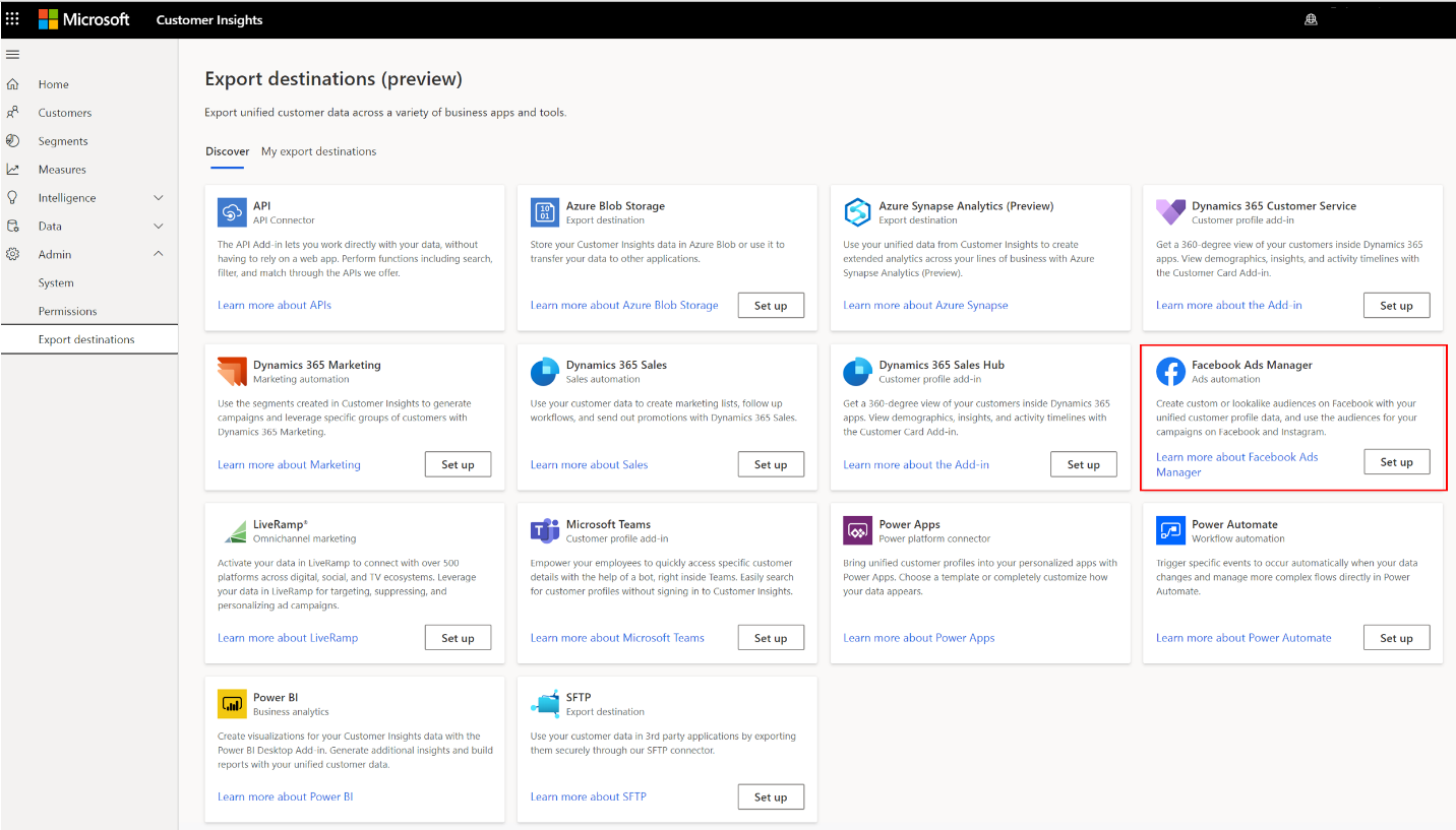 Visuel affichant la page des destinations d’exportation avec le Gestionnaire de publicités Facebook en surbrillance