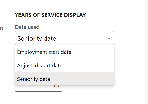 Sélection des années de service sur la page Paramètres de Human Resources