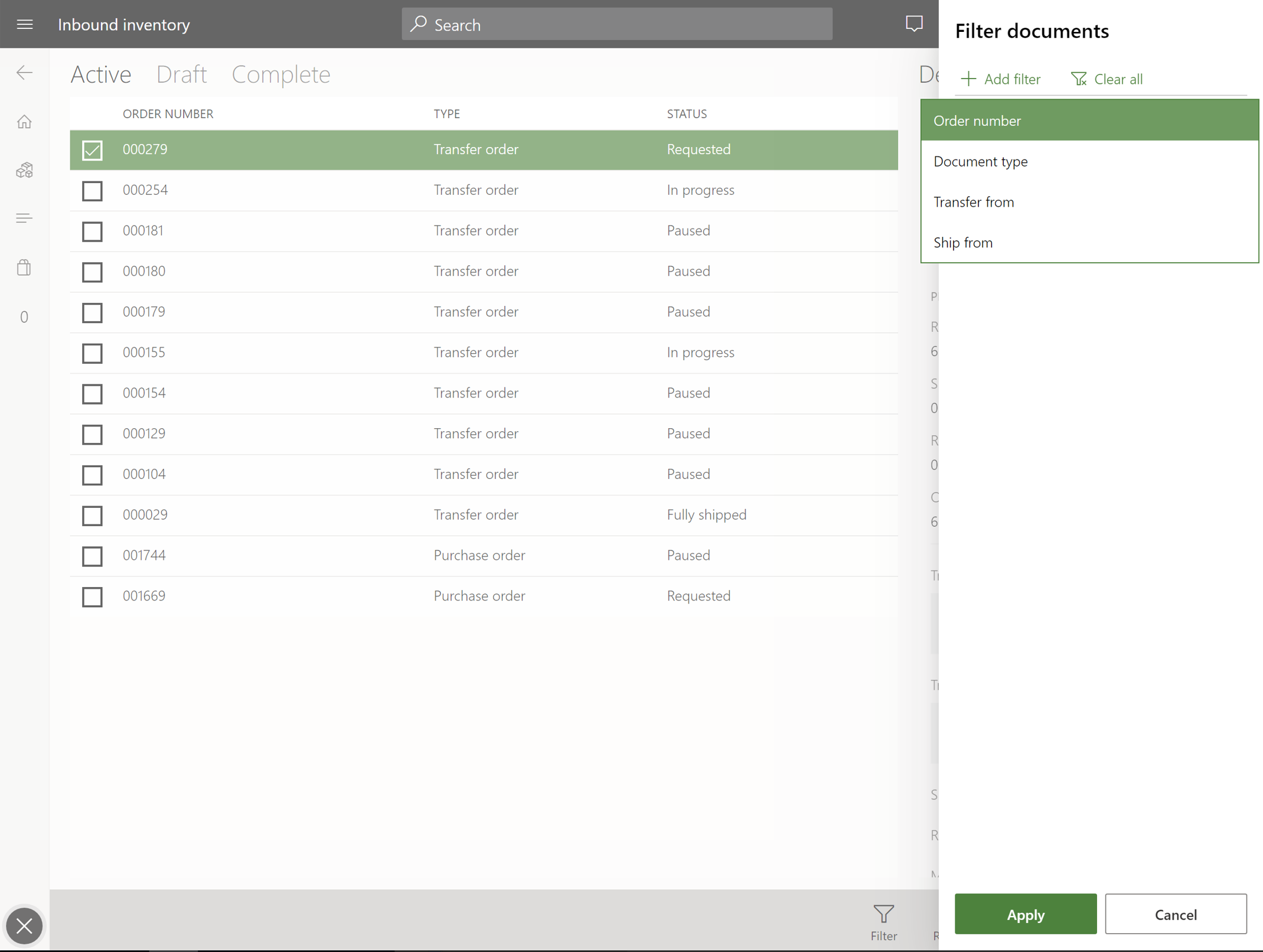 Options de filtre dans l’opération de stock entrant