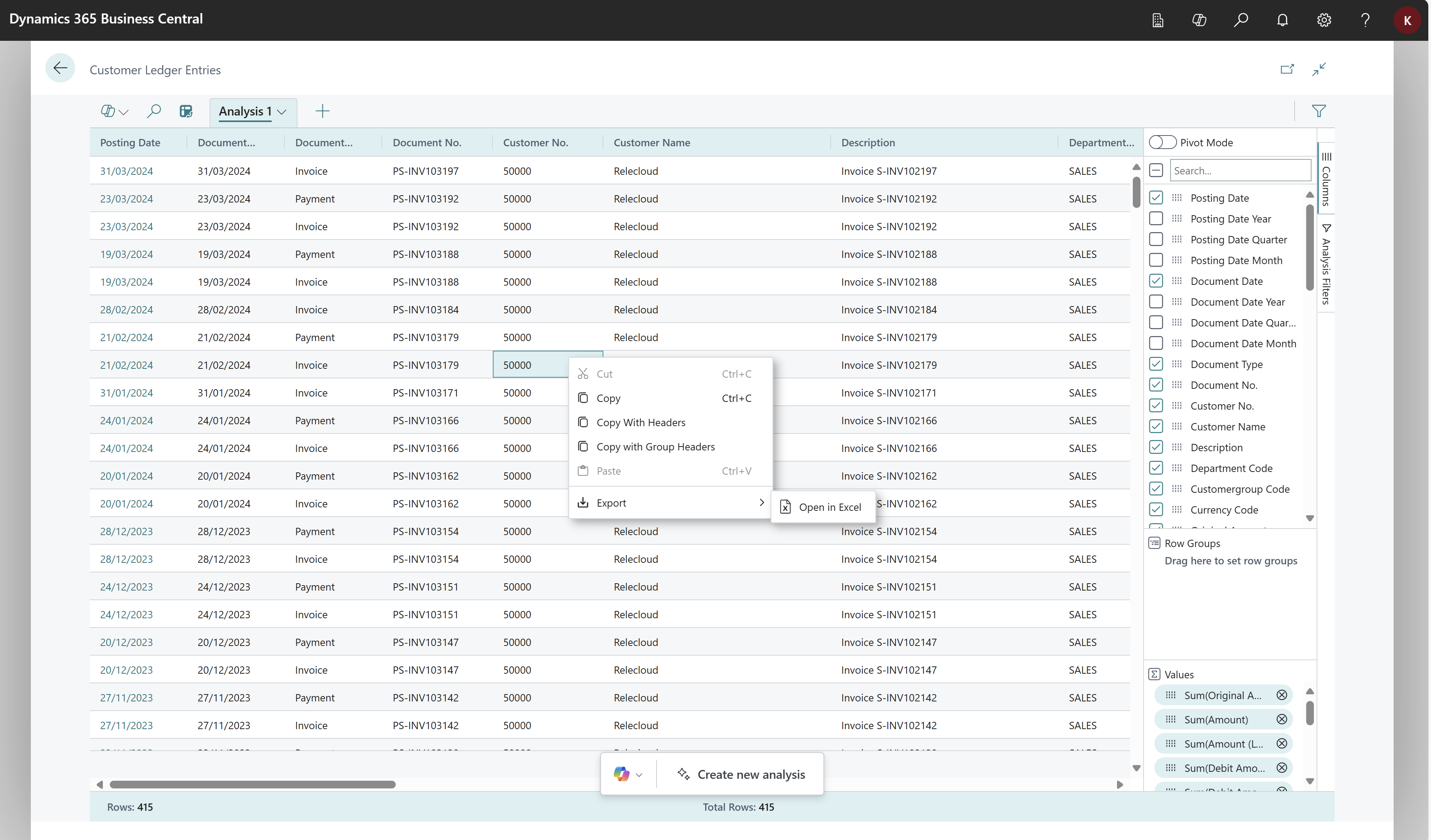 Capture d’écran de l’exportation de données d’une analyse vers Excel