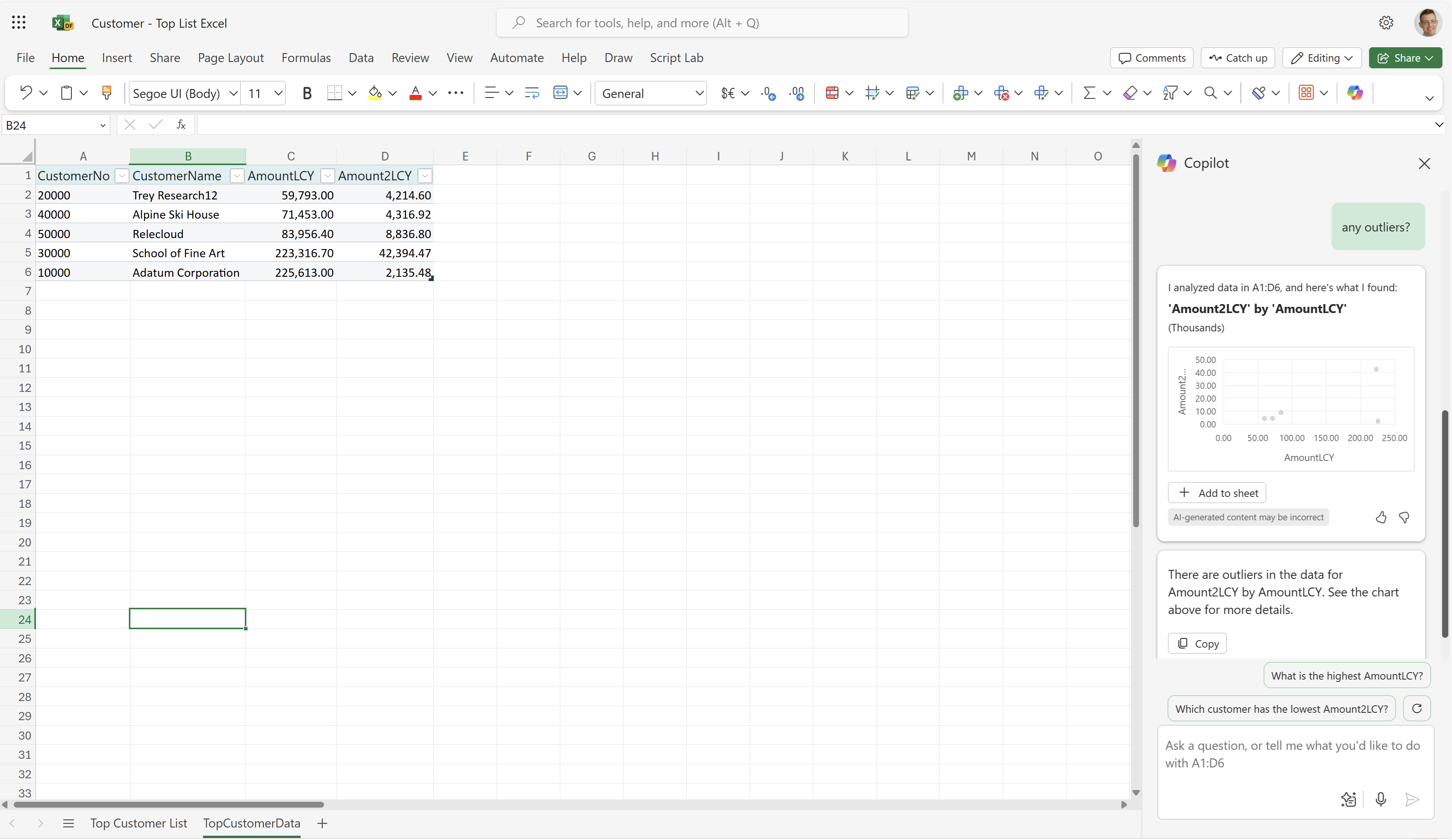 Capture d’écran de la feuille de calcul TopCustomerData