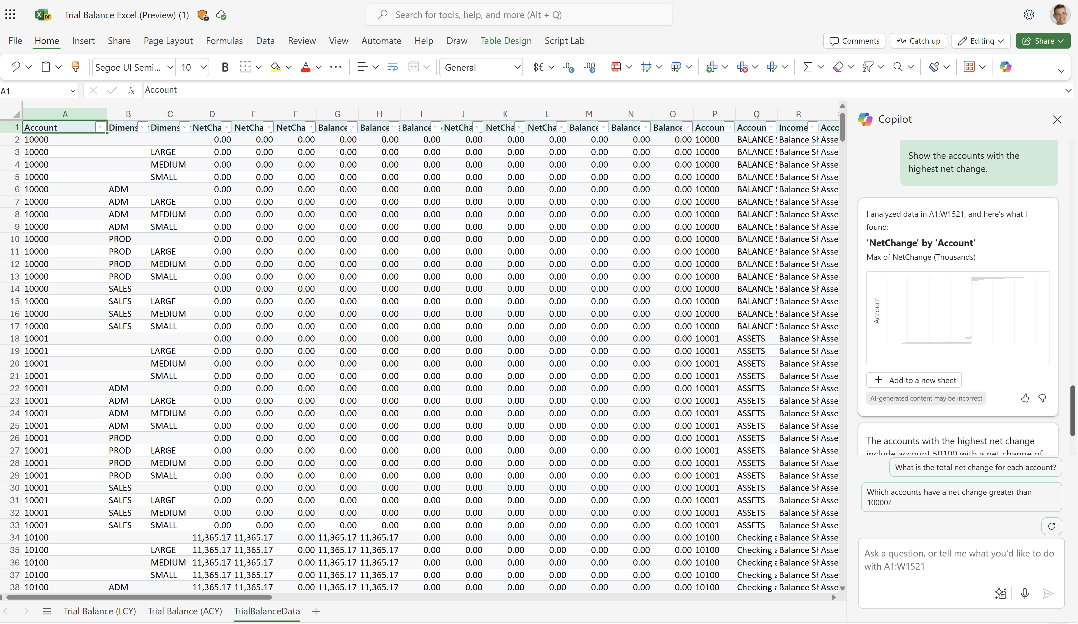 Capture d’écran de la feuille de calcul TrialBalanceData