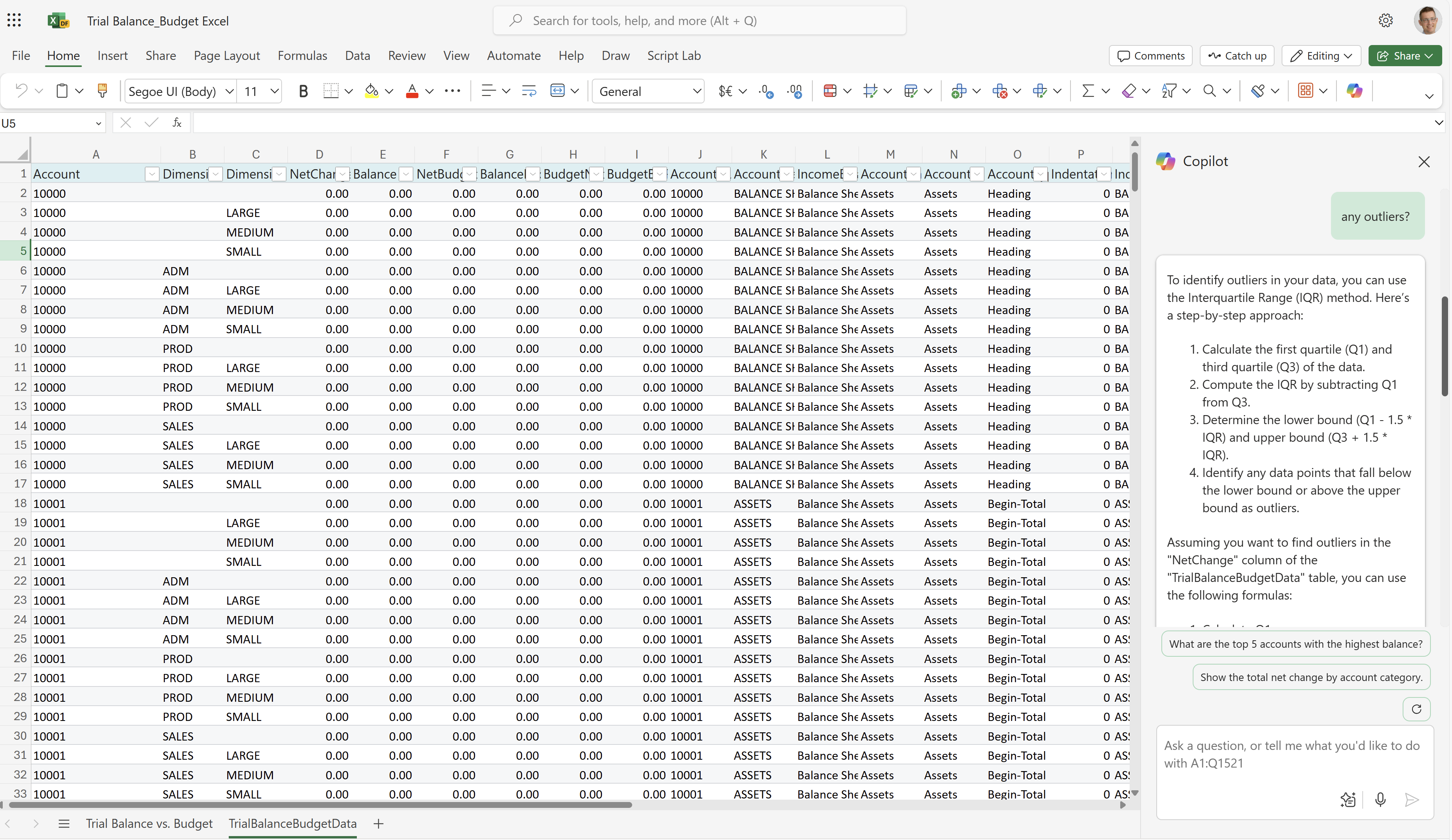 Capture d’écran de la feuille de calcul TrialBalanceData