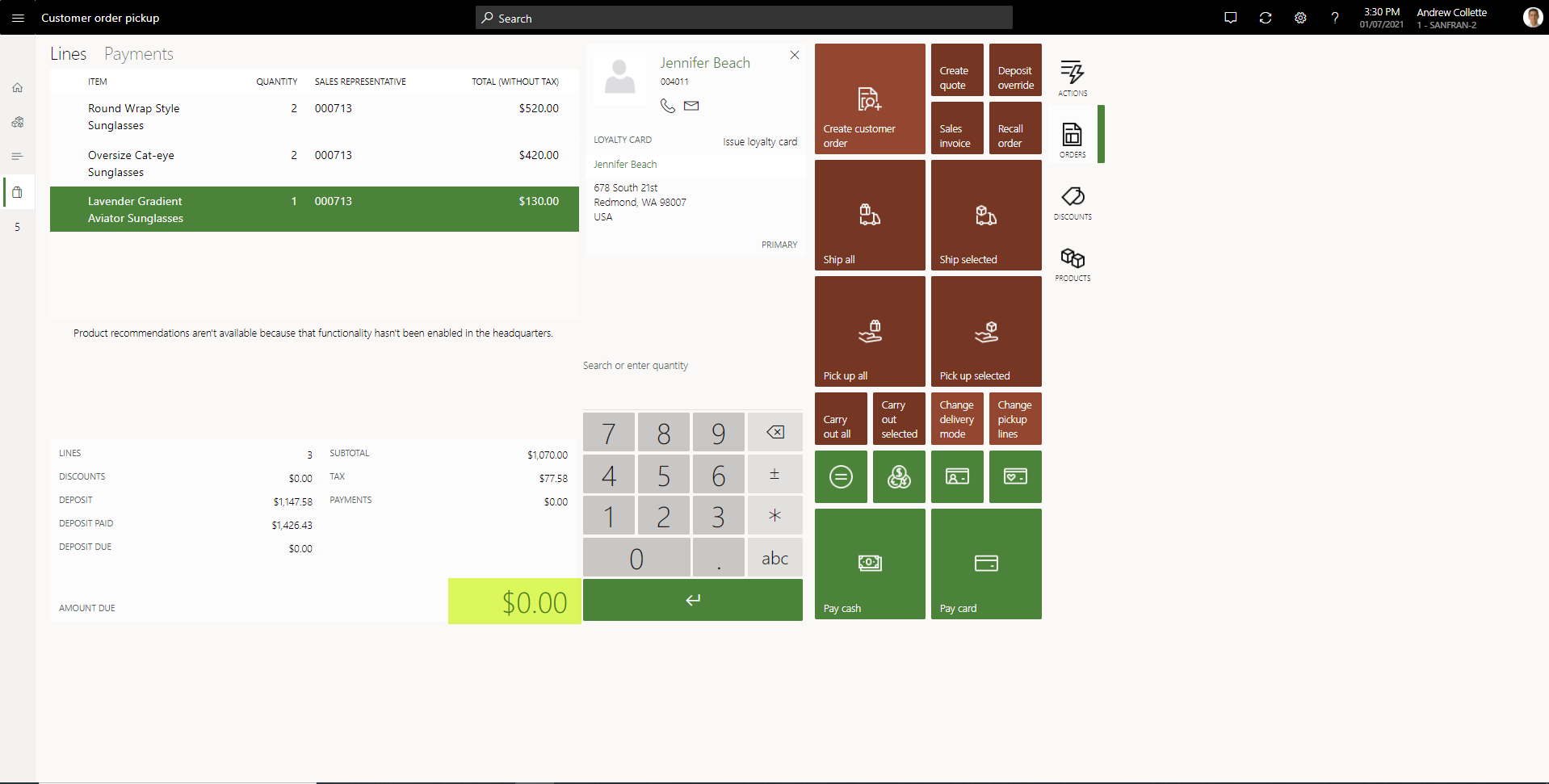 Page de transaction pour une transaction de retrait de commande client.