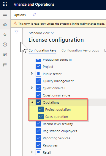 La configuration de la clé de configuration des devis doit être activée