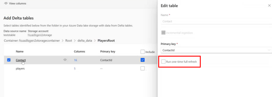 Volet Modifier la table pour sélectionner une actualisation complète unique.