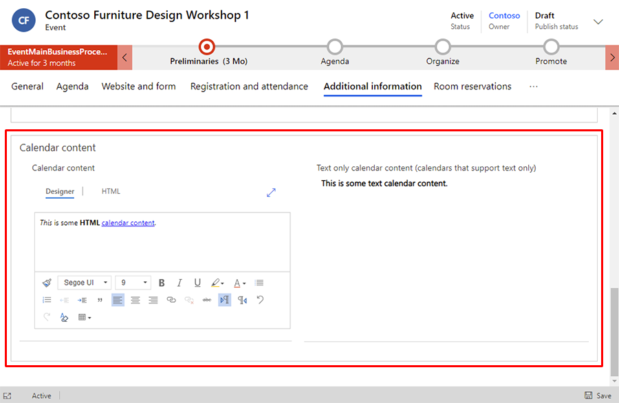 Capture d’écran de la modification du contenu du calendrier.