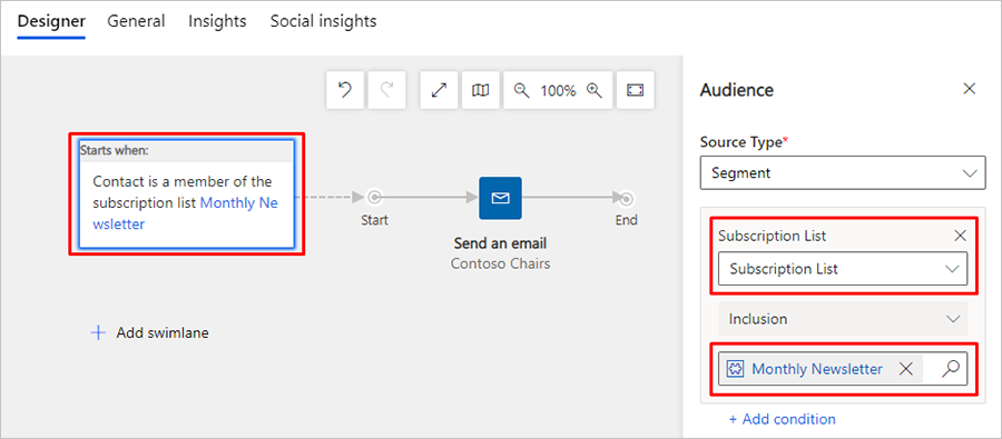 Configurer une vignette de segment pour charger une liste d’abonnement.