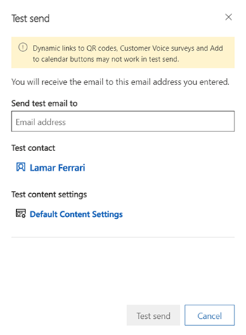Boîte de dialogue d’envoi de test de courrier électronique.