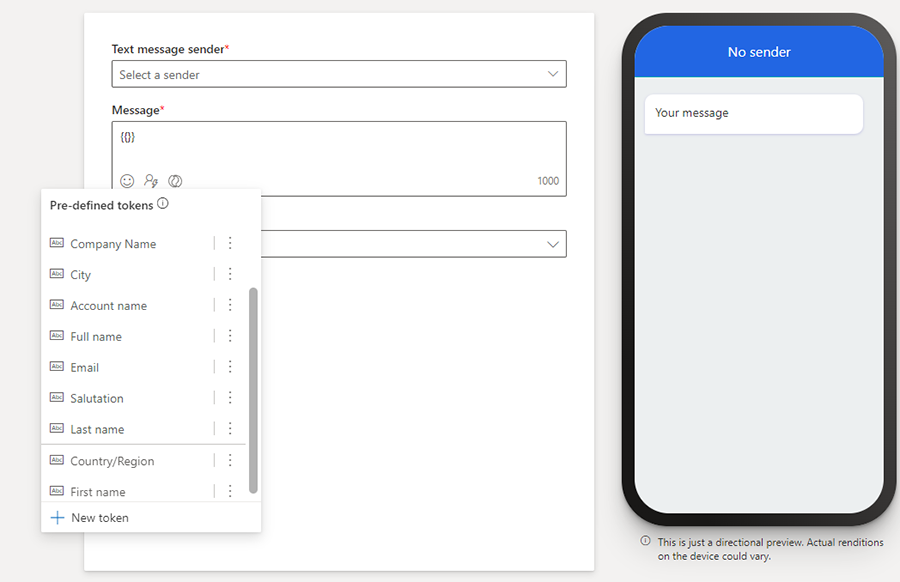 Capture d’écran de l’ajout d’un texte dynamique prédéfini à un SMS.