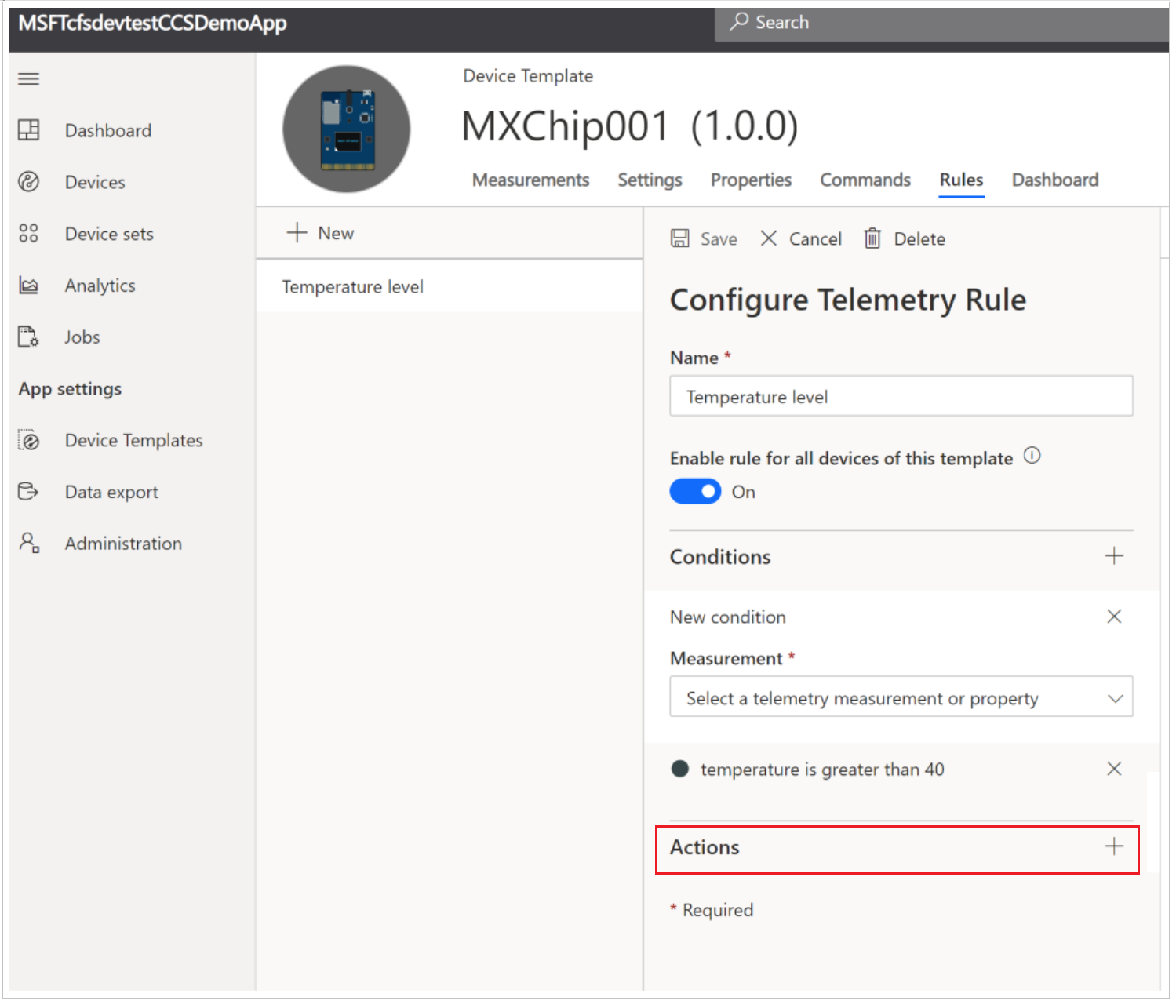 Capture d’écran de l’option Actions dans IoT Central.