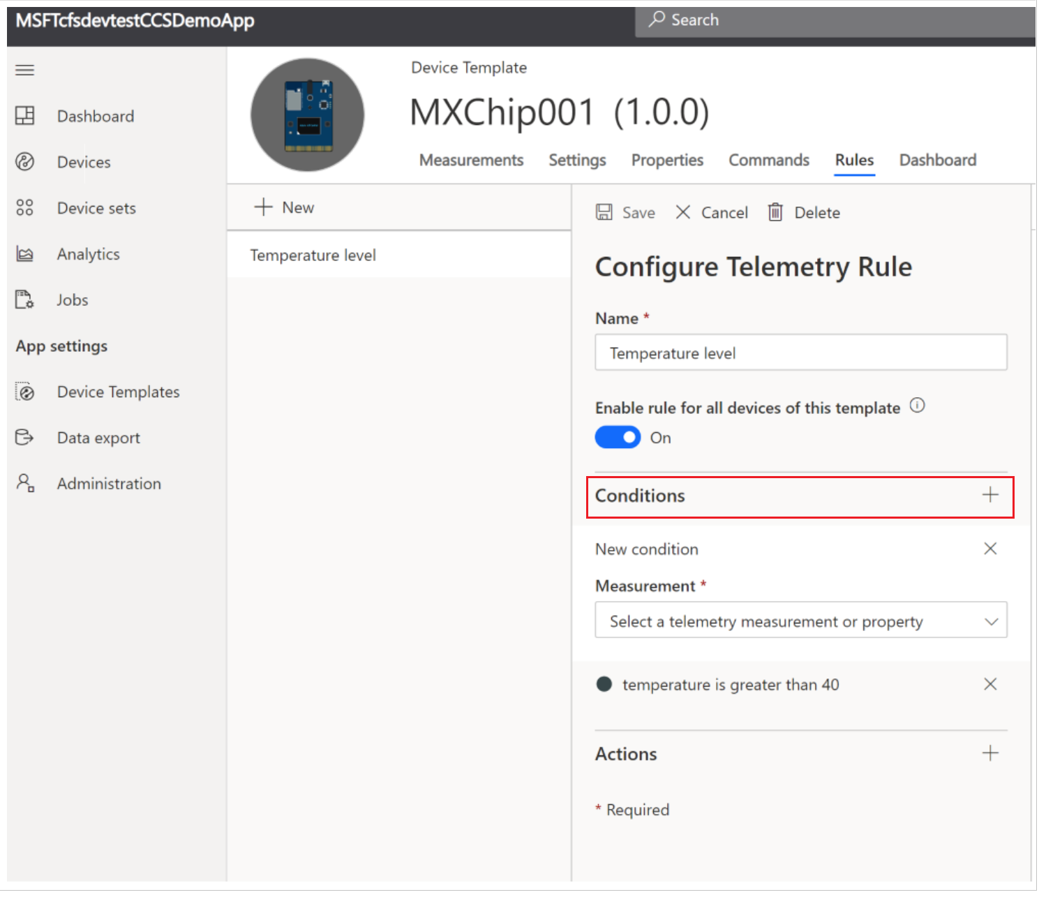 Capture d’écran de l’option Conditions dans IoT Central.