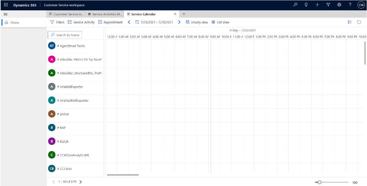 Tableau de planification dans Customer Service workspace.