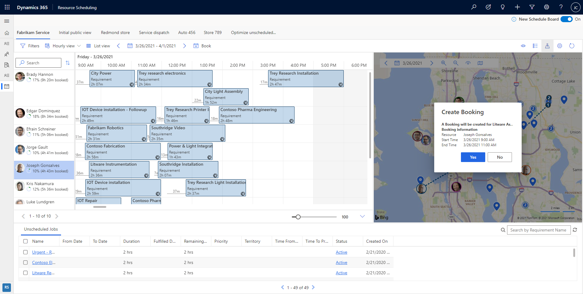 Capture d’écran du tableau de planification avec dépose de l’itinéraire de la ressource.