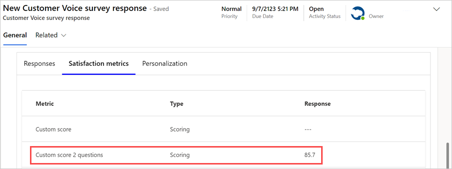 Résultat de score personnalisé avec deux questions.