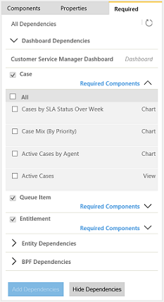 Onglet requis affichant la liste des composants manquants dans l’application.